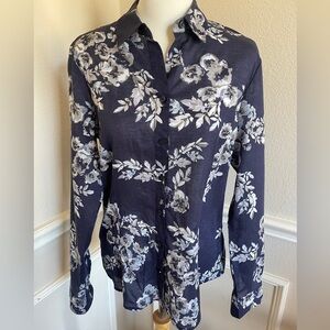 Coldwater Creek Anytime No-Iron Cotton Shirt Modern Floral Blue|Grey|Cream Sz 8